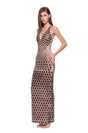 Zyra hand-painted V-neck gown in Metallic Black, three-quarter front view showing the deep V neckline and raised scale motifs