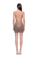 Zyra hand-painted dragon-scale V-neck mini dress in Metallic Black, back view showing the crossed straps and open back
