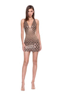 Zyra hand-painted dragon-scale V-neck mini dress in Metallic Black, front view showing the deep V neckline and fitted silhouette