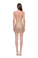 Zyra hand-painted dragon-scale V-neck mini dress in Metallic Gold, back view showing the crossed straps and open back