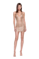 Zyra hand-painted dragon-scale V-neck mini dress in Metallic Gold, front view showing the deep V neckline and fitted silhouette