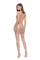 Zyra hand-painted dragon-scale V-neck mini dress in Metallic Gold, three-quarter back view showing the crossed straps