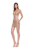 Zyra hand-painted dragon-scale V-neck mini dress in Metallic Gold, three-quarter front view