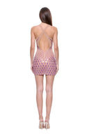 Zyra hand-painted dragon-scale V-neck mini dress in Metallic Rose, back view showing the crossed straps and open back
