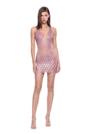 Zyra hand-painted dragon-scale V-neck mini dress in Metallic Rose, front view showing the deep V neckline and fitted silhouette