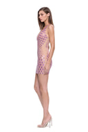 Zyra hand-painted dragon-scale V-neck mini dress in Metallic Rose, side view