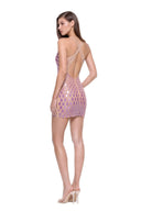 Zyra hand-painted dragon-scale V-neck mini dress in Metallic Rose, three-quarter back view showing the crossed straps