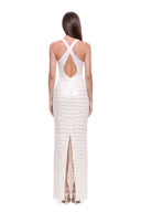Zyra 3D hand-painted V-neck gown in White, back view showing crossed straps, an open back and the center-back hem slit