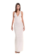 Zyra 3D hand-painted V-neck gown in White, front view showing the fitted silhouette and crocodile-inspired texture