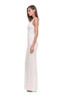 Zyra hand-painted V-neck gown in White, side view showing the fitted silhouette and crocodile-inspired texture
