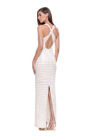 Zyra hand-painted V-neck gown in White, three-quarter back view showing crossed straps and the center-back hem slit