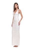 Zyra hand-painted V-neck gown in White, three-quarter front view showing the deep V neckline and crocodile-inspired texture