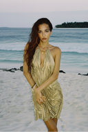 Metallic Gold Silver Moon Wetlook Midi Dress front view, glamorous evening dress – LOOKE GARMENT