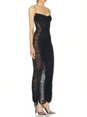 Mesh Fitted Maxi Dress in Black – Left Side View, Body-Hugging Semi-Sheer Mesh – LOOKE GARMENT