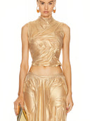 Metallic Gold Wetlook One-Shoulder Crop Top front view, luxury two-piece set top – LOOKE GARMENT