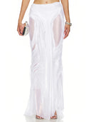 Metallic White Wetlook Hi-Low Long Skirt – Front View, See-Through Mesh Overlay – LOOKE GARMENT