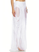 Wet Look Long Skirt in Metallic White – Left Side View, Cutout Design and Hi-Low Hemline – LOOKE GARMENT