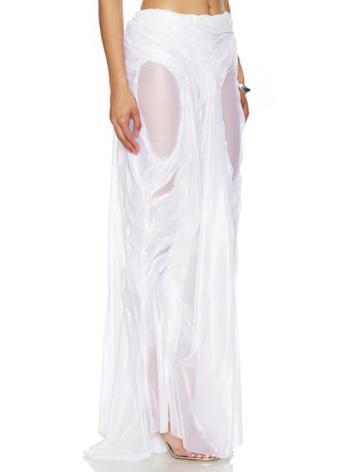 Wet Look Skirt Side Angle, Hi-Low Skirt Profile, Cutout Long Skirt Side