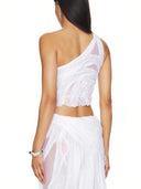 Metallic White Wetlook One-Shoulder Crop Top – Back View, Pull-On Styling – LOOKE GARMENT
