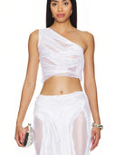 One-Shoulder Wet Look Crop Top in Metallic White – Front View, Sheer Iridescent Party Top – LOOKE GARMENT
