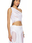 Metallic White Wetlook One-Shoulder Crop Top – Side View, Wet Look Iridescent Finish – LOOKE GARMENT