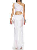 Metallic White Wetlook Long Skirt Two-Piece Set – Full Outfit View, One-Shoulder Crop Top and Hi-Low Skirt – LOOKE GARMENT