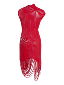 Fringed Sheer Asymmetric Mini Dress in Red – Back View, Transparent Organza Overlay Detail – LOOKE GARMENT