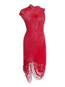 Fringed Sheer Asymmetric Mini Dress in Red – Front View, Sculptural Asymmetric Silhouette – LOOKE GARMENT