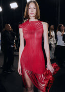 Fringed Sheer Asymmetric Mini Dress in Red – Styled Editorial Look, Spring Summer 2025 Collection – LOOKE GARMENT