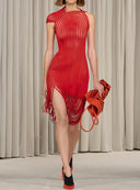 Fringed Sheer Asymmetric Mini Dress in Red – Front View, 3D Woven Organza Overlay – LOOKE GARMENT