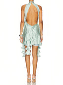 Spring Awakening Draped Mini Dress in Mint Blue – Back View, Open Back Design – LOOKE GARMENT