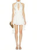 Spring Awakening Draped Mini Dress in White – Front View, 3D Floral Silk Couture Mini Dress – LOOKE GARMENT