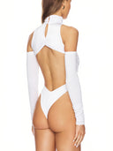 Temptress Wetlook Bodysuit in White – Back View, Hook and Eye Neck Closure – LOOKE GARMENT