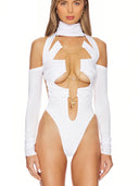 Temptress Wetlook Bodysuit in White – Close-Up Detail, Raw Clear Quartz Crystal Embellishment – LOOKE GARMENT