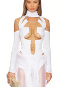 Temptress Wetlook Bodysuit in White – Front View, Gold Trident Charm and Crystal Bodysuit – LOOKE GARMENT