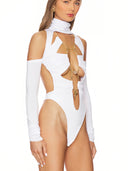 Temptress Wetlook Bodysuit in White – Left Side View, Long Sleeve Cut-Out Design – LOOKE GARMENT