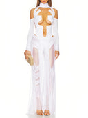 Temptress Wetlook Bodysuit in White – Full Outfit View, Crystal and Gold Trident Charm Detail – LOOKE GARMENT