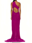 Fuchsia Venus Wet Look Dress back view, fishtail train and handcrafted draping – LOOKE GARMENT