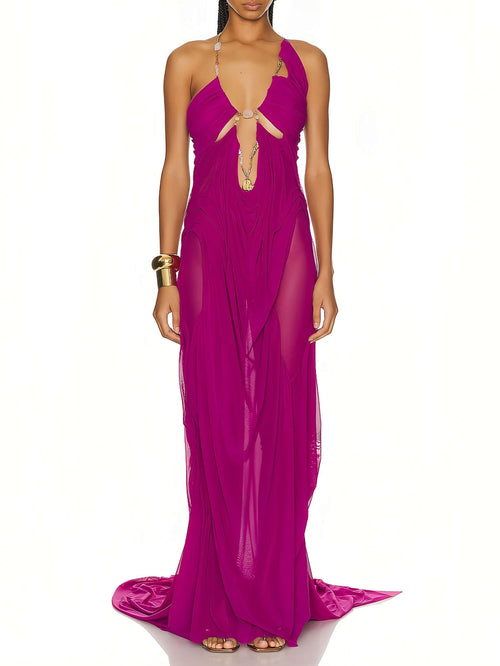 Fuchsia wet look gown with seashell and trident pendant, couture dress.