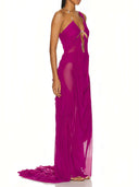 Fuchsia Venus Wet Look Dress left side view, sheer see-through fabric with crystal detail – LOOKE GARMENT