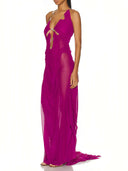Fuchsia Venus Wet Look Dress right side view, couture gown with gold jewelry detail – LOOKE GARMENT