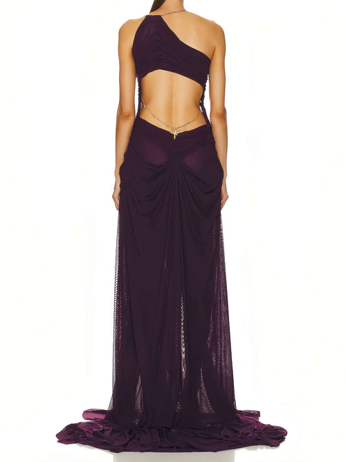 Back view of goddess dress, handcrafted jewelry and fabric drape.