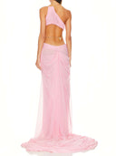 Venus Wet Look Dress in Light Pink – Back View, Fishtail Train and Handcrafted Draping – LOOKE GARMENT