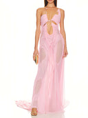 Venus Wet Look Dress in Light Pink – Front View, Gold-Plated Jewelry and Rose Quartz Crystal Detail – LOOKE GARMENT