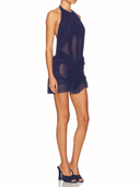Navy Bella Wetlook Mini Dress left side view, sheer wet look fabric – LOOKE GARMENT