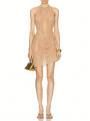 Bella Wet Look Mini Dress in Nude – Front View, Halterneck Wet Look Mini Dress – LOOKE GARMENT