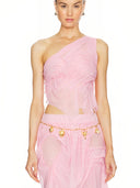 One-Shoulder Wetlook Crop Top in Light Pink – Front View, Ruched Mesh Sheer Party Top – LOOKE GARMENT