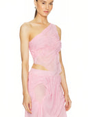 One-Shoulder Wetlook Crop Top in Light Pink – Left Side View, Wet Look Ruched Fabric – LOOKE GARMENT