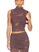 Brown Wetlook High Neck Mockneck Top – Front View, Lightweight Mesh Crop Top – LOOKE GARMENT