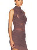 Brown Wetlook High Neck Mockneck Top – Left Side View, Sheer Mesh Fabric – LOOKE GARMENT